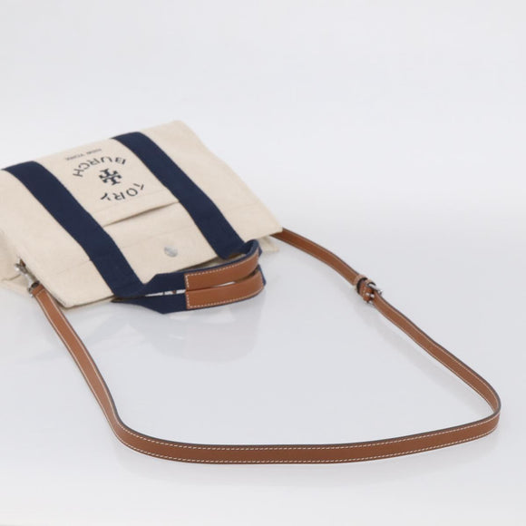 Tory Burch Hand Bag Canvas 2way Beige Silver Auth 213142A
