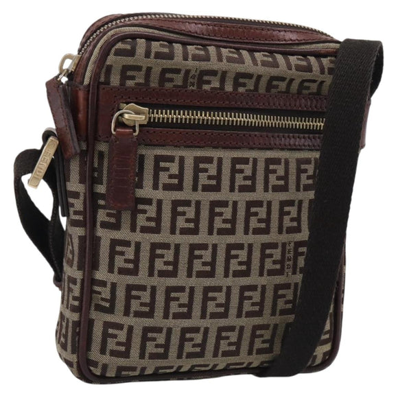 FENDI Zucchino Canvas Shoulder Bag Beige Gold Auth 213146A