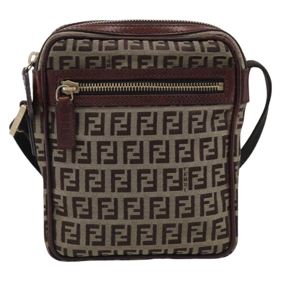 FENDI Zucchino Canvas Shoulder Bag Beige Gold Auth 213146A