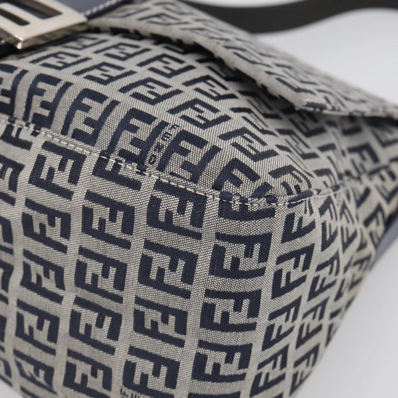 FENDI Zucchino Canvas Mamma Baguette Shoulder Bag Navy Silver Auth 213148V