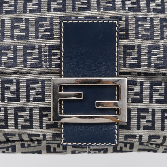 FENDI Zucchino Canvas Mamma Baguette Shoulder Bag Navy Silver Auth 213148V