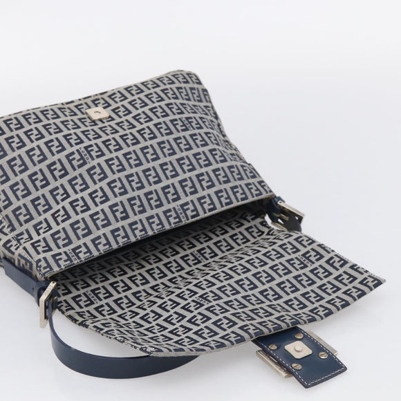 FENDI Zucchino Canvas Mamma Baguette Shoulder Bag Navy Silver Auth 213148V
