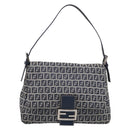 FENDI Zucchino Canvas Mamma Baguette Shoulder Bag Navy Silver Auth 213148V-2
