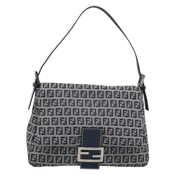 FENDI Zucchino Canvas Mamma Baguette Shoulder Bag Navy Silver Auth 213148V