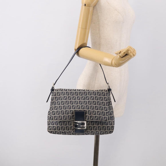 FENDI Zucchino Canvas Mamma Baguette Shoulder Bag Navy Silver Auth 213148V