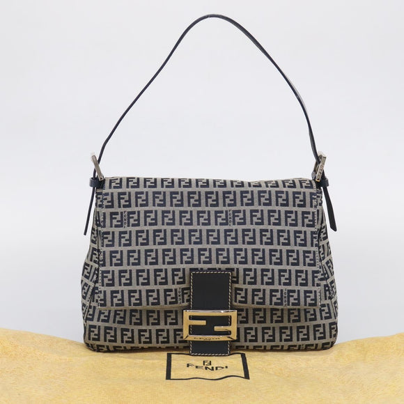 FENDI Zucchino Canvas Mamma Baguette Shoulder Bag Navy Silver Auth 213148V