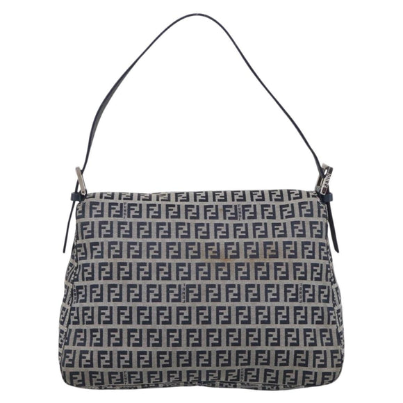 FENDI Zucchino Canvas Mamma Baguette Shoulder Bag Navy Silver Auth 213148V