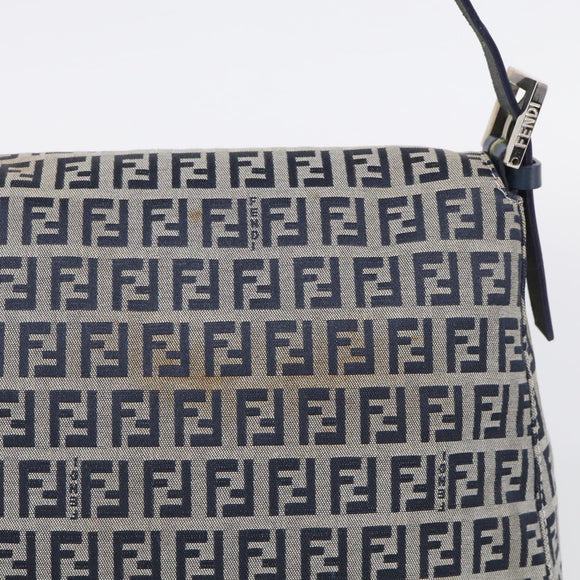 FENDI Zucchino Canvas Mamma Baguette Shoulder Bag Navy Silver Auth 213148V