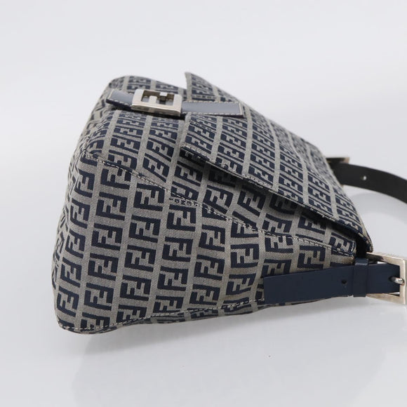 FENDI Zucchino Canvas Mamma Baguette Shoulder Bag Navy Silver Auth 213148V