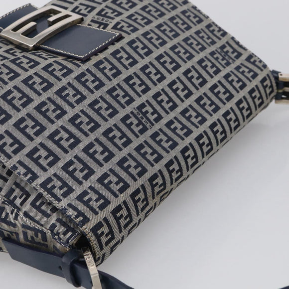FENDI Zucchino Canvas Mamma Baguette Shoulder Bag Navy Silver Auth 213148V