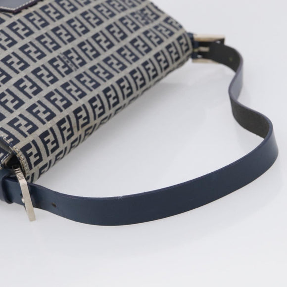 FENDI Zucchino Canvas Mamma Baguette Shoulder Bag Navy Silver Auth 213148V