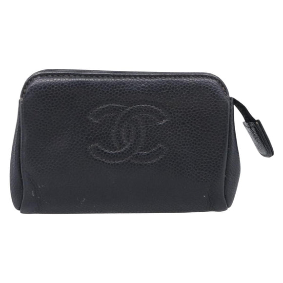 CHANEL Coin Purse Caviar Skin Black Gold CC Auth 213164