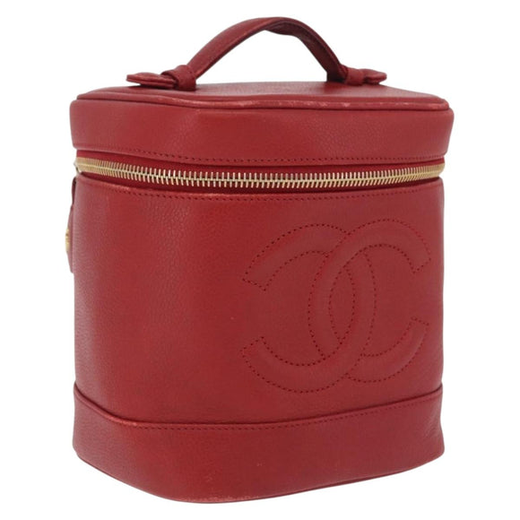 CHANEL Vanity Hand Bag Caviar Skin Red Gold CC Auth 213199A