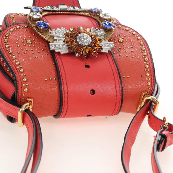 Miu Miu Madras Shoulder Bag Leather Orange Gold Auth 213292M