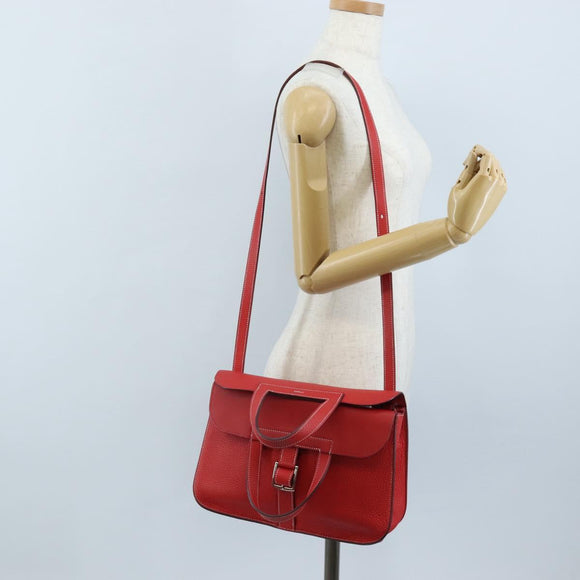 HERMES Arzan 31 Shoulder Bag Taurillon Clemence Red Silver Auth 213295SM