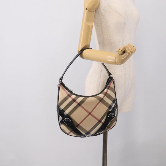 BURBERRY Nova Check Shoulder Bag PVC Beige Silver Auth 213298A