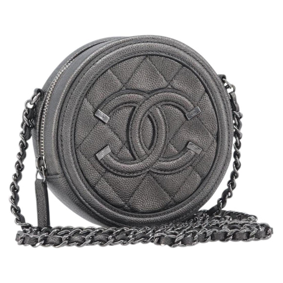 CHANEL Matelasse Chain Shoulder Bag Caviar Skin Gray Silver CC Auth 213364M