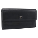 CHANEL Long Wallet Leather Black Silver CC Auth 213365-1