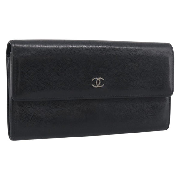 CHANEL Long Wallet Leather Black Silver CC Auth 213365