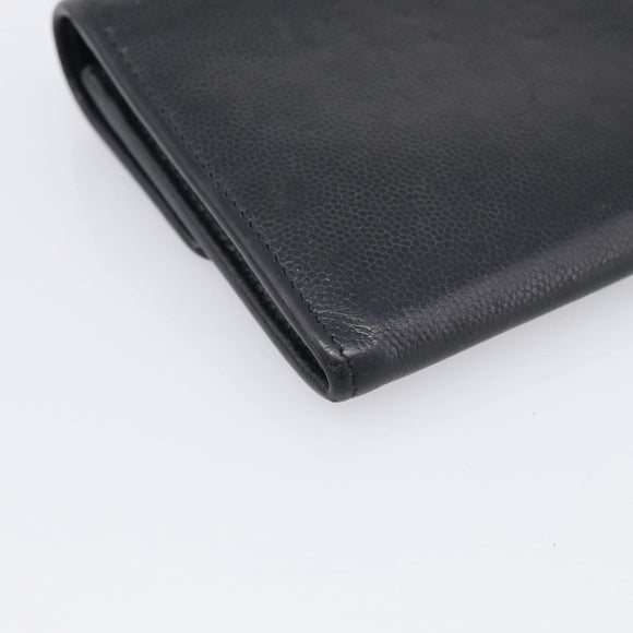CHANEL Long Wallet Leather Black Silver CC Auth 213365
