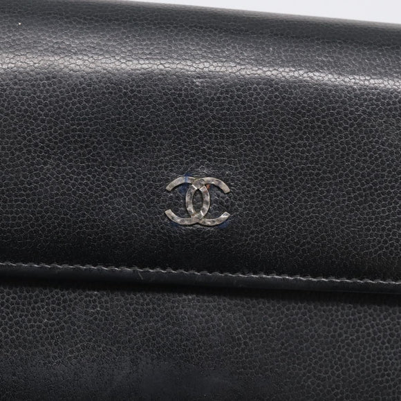 CHANEL Long Wallet Leather Black Silver CC Auth 213365