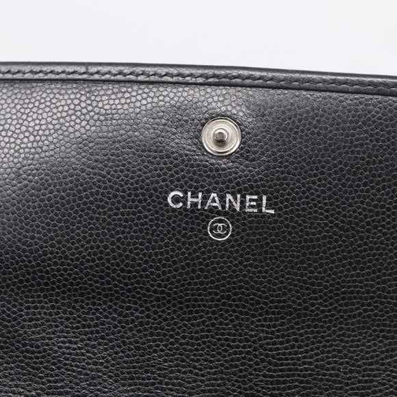 CHANEL Long Wallet Leather Black Silver CC Auth 213365