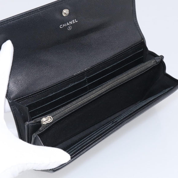 CHANEL Long Wallet Leather Black Silver CC Auth 213365