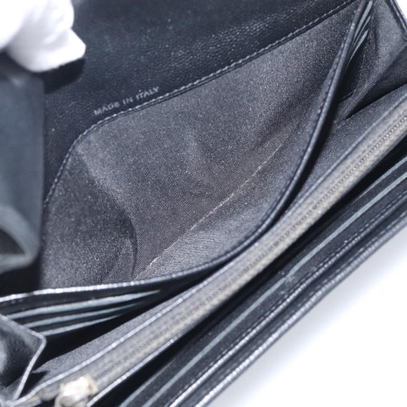 CHANEL Long Wallet Leather Black Silver CC Auth 213365