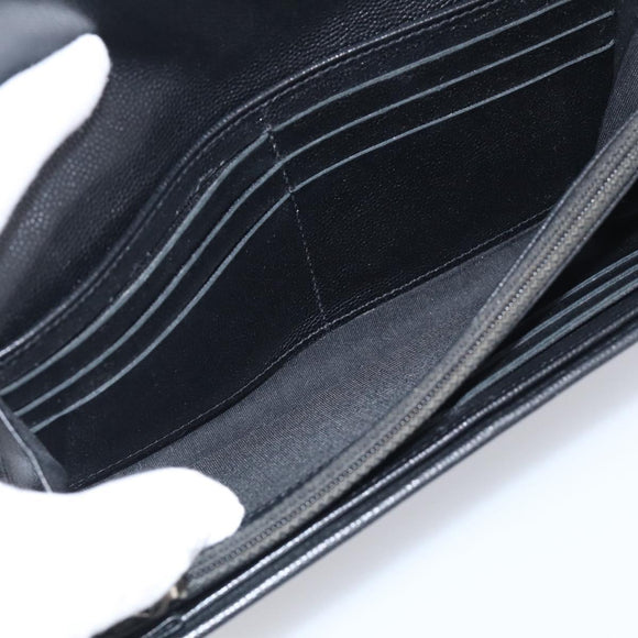 CHANEL Long Wallet Leather Black Silver CC Auth 213365