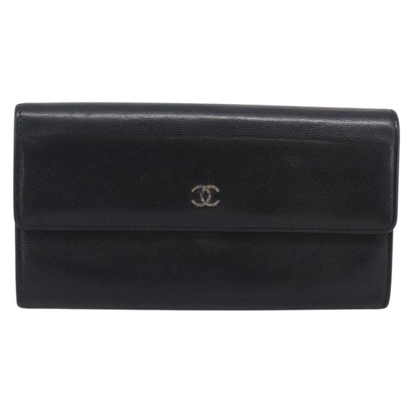 CHANEL Long Wallet Leather Black Silver CC Auth 213365