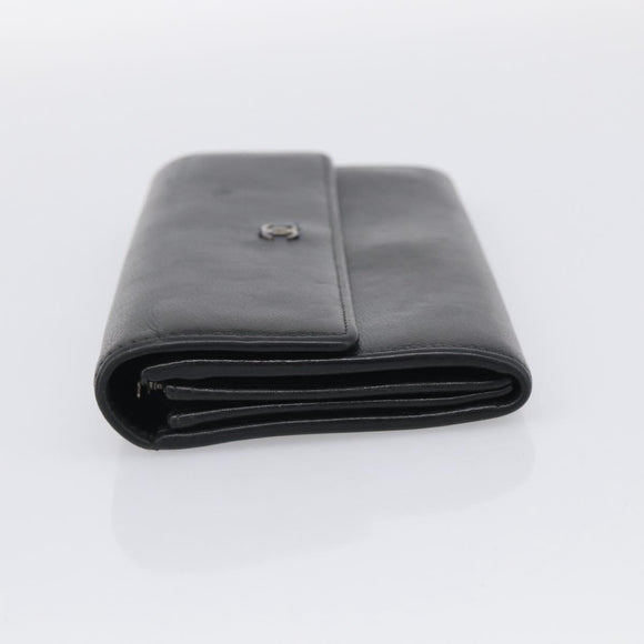 CHANEL Long Wallet Leather Black Silver CC Auth 213365