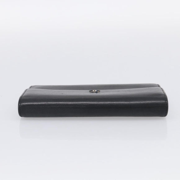 CHANEL Long Wallet Leather Black Silver CC Auth 213365