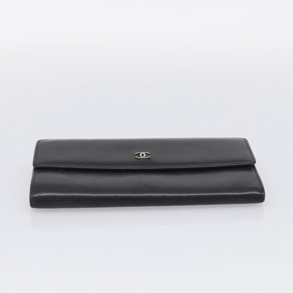 CHANEL Long Wallet Leather Black Silver CC Auth 213365