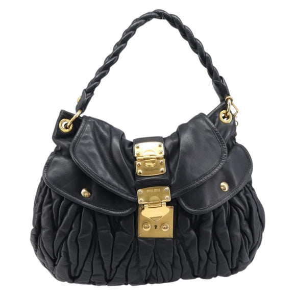 Miu Miu Matelasse Hand Bag Leather 2way Black Gold Auth 213377A