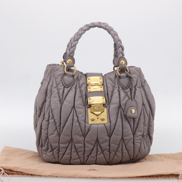 Miu Miu Matelasse Hand Bag Leather 2way Gray Gold Auth 213378M