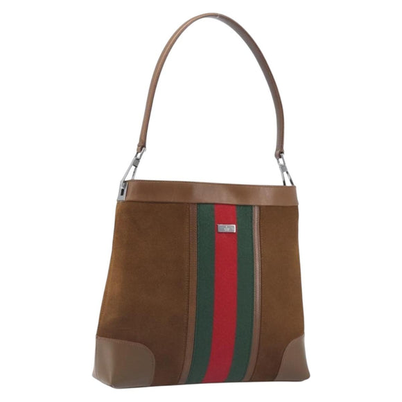 GUCCI Web Sherry Line Shoulder Bag Suede Brown Silver 33900 Auth 213394V
