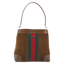 GUCCI Web Sherry Line Shoulder Bag Suede Brown Silver 33900 Auth 213394V-2