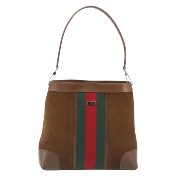 GUCCI Web Sherry Line Shoulder Bag Suede Brown Silver 33900 Auth 213394V