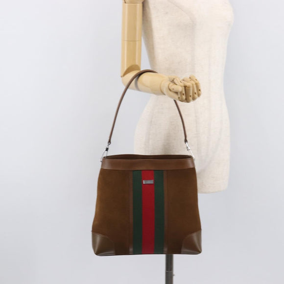GUCCI Web Sherry Line Shoulder Bag Suede Brown Silver 33900 Auth 213394V