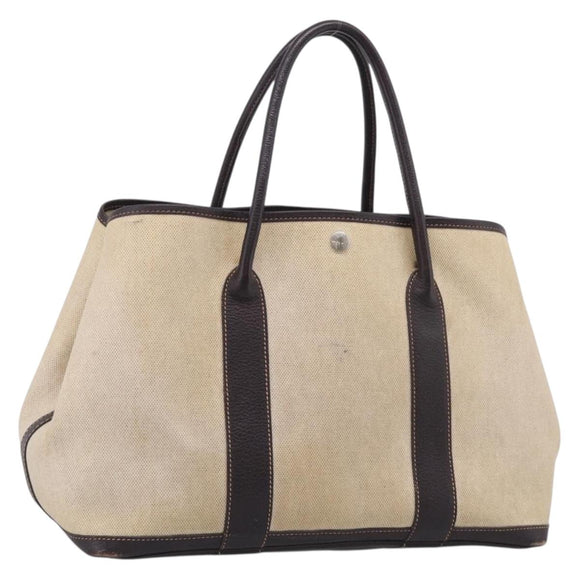 HERMES Garden Party Hand Bag Canvas Beige Silver Auth 213429