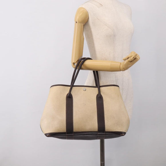 HERMES Garden Party Hand Bag Canvas Beige Silver Auth 213429