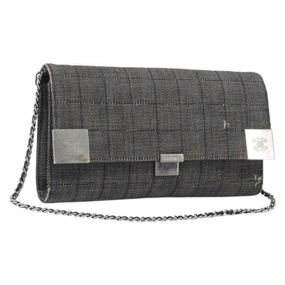 CHANEL Choco Bar Chain Shoulder Bag Canvas Gray Silver CC Auth 213438