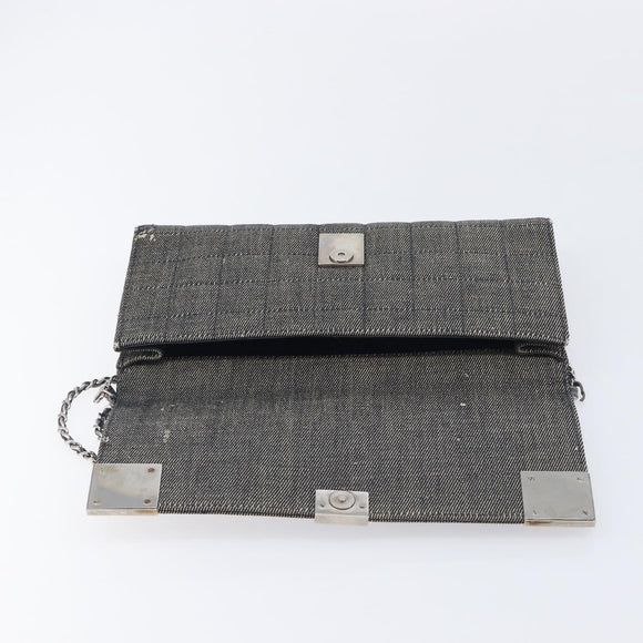 CHANEL Choco Bar Chain Shoulder Bag Canvas Gray Silver CC Auth 213438