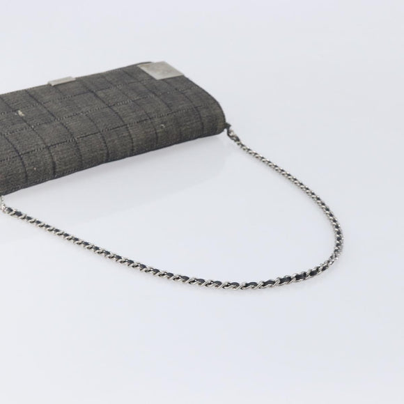 CHANEL Choco Bar Chain Shoulder Bag Canvas Gray Silver CC Auth 213438