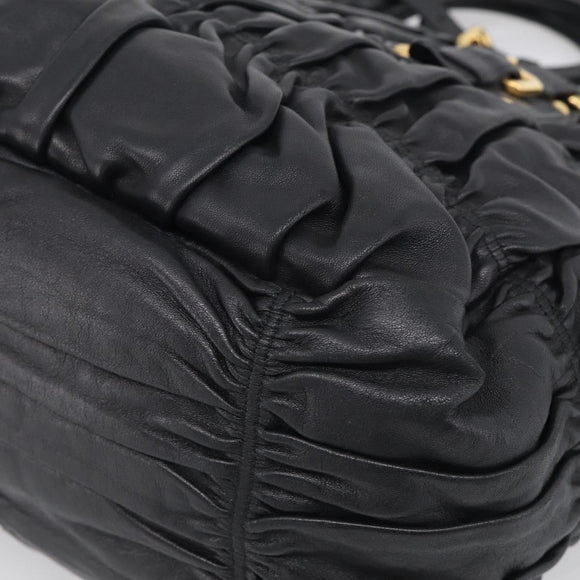 PRADA Gathered Hand Bag Leather 2way Black Gold Auth 213445V