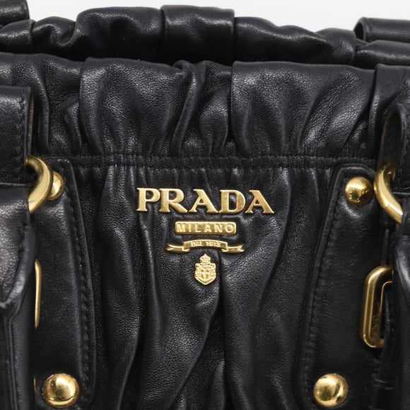 PRADA Gathered Hand Bag Leather 2way Black Gold Auth 213445V