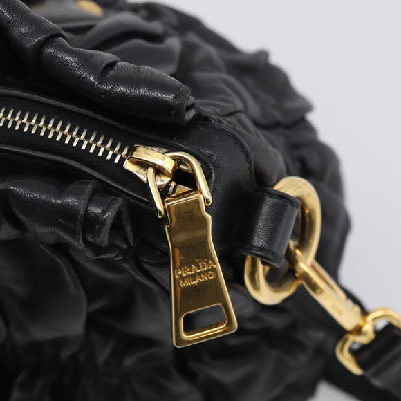 PRADA Gathered Hand Bag Leather 2way Black Gold Auth 213445V