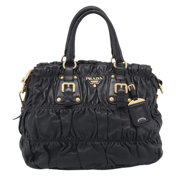 PRADA Gathered Hand Bag Leather 2way Black Gold Auth 213445V