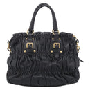 PRADA Gathered Hand Bag Leather 2way Black Gold Auth 213445V-3