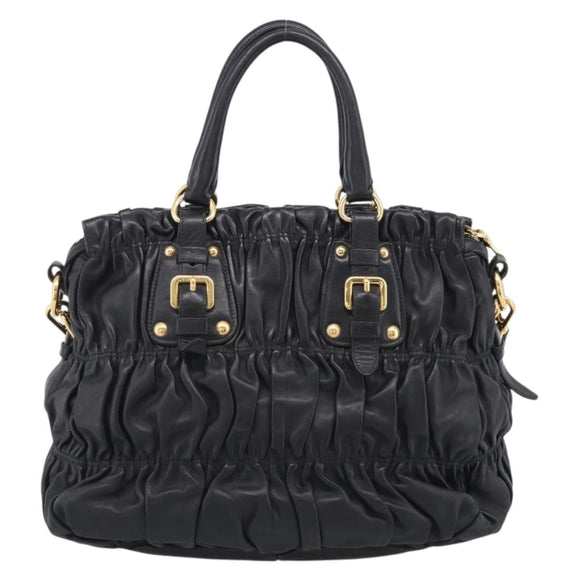 PRADA Gathered Hand Bag Leather 2way Black Gold Auth 213445V